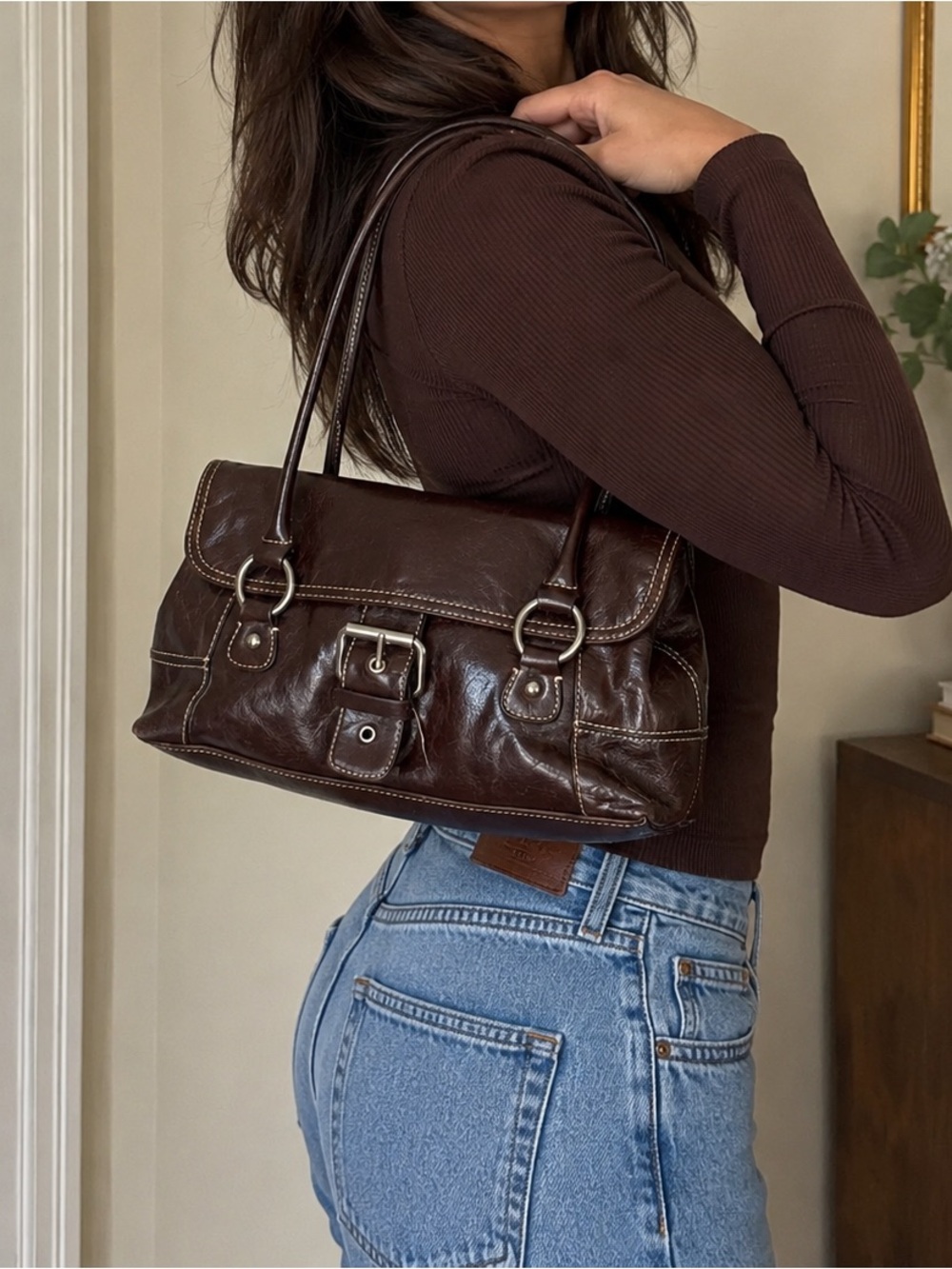 Giani Bernini Brown Leather Shoulder Bag Y2K Baguette Purse